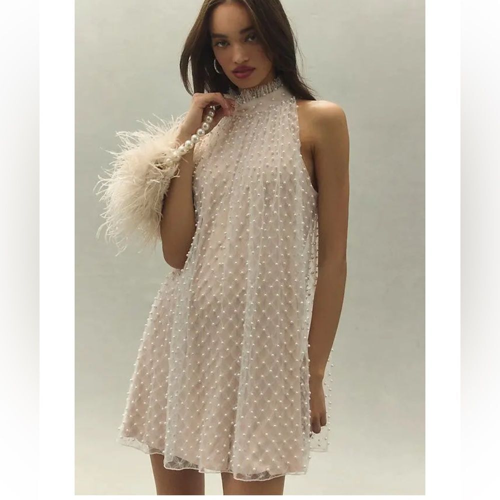 Size Large Milena Allover Pearl Halter Mini Dress Tadashi Shoji